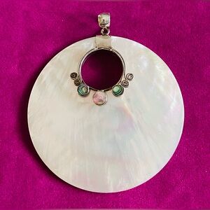 MOTHER OF PEARL 925 SILVER ROUND  PENDANT 3 ABALONE SHELL CHARMS & SILVER SWIRLS